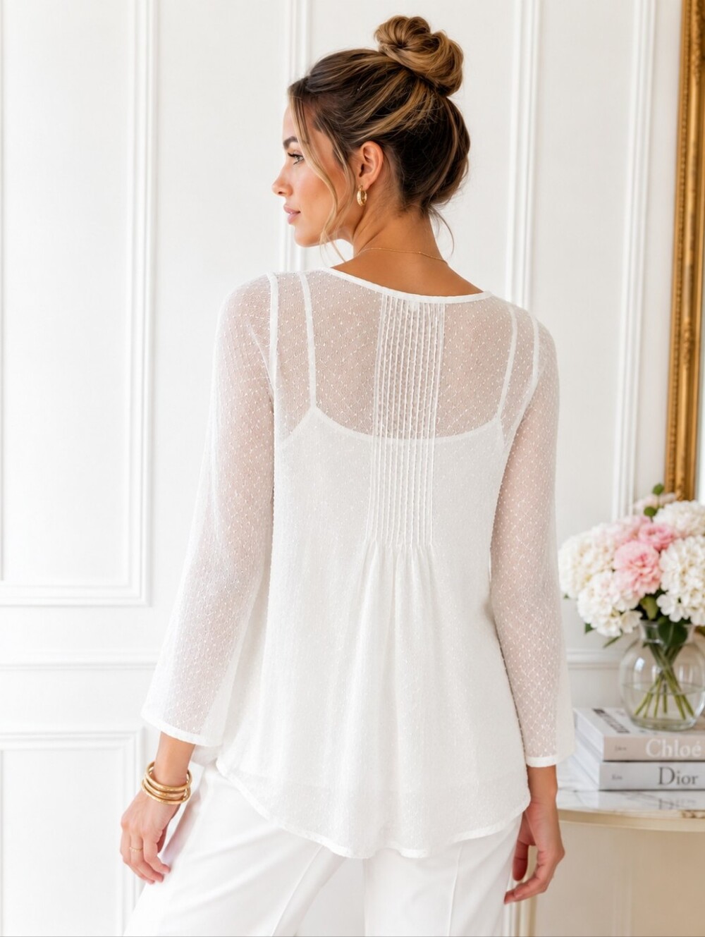 Old Navy White Sheer Swiss Dot Pintuck Peplum Blouse Top Size Medium - Picture 2 of 11
